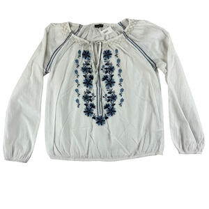 Abercrombie & Fitch Blouse White Long Sleeve With Blue Embroidery Flower Designs